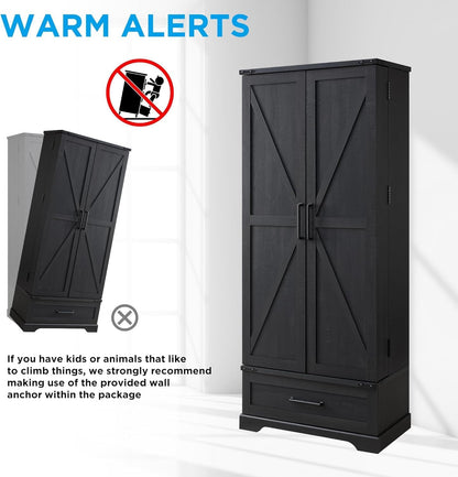 72" Farmhouse Kitchen Pantry Cabinet with Drawer, Barn Door Design