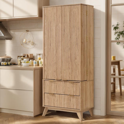 OKD Fluted Natural Oak Pantry Cabinet, 72" Kitchen Hutch