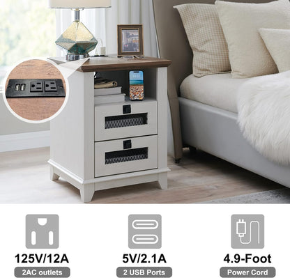OKD Industrial Nightstand with Charging Station, Rustic Farmhouse End Table