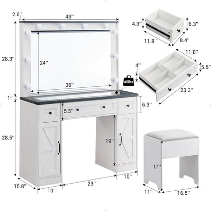 Farmhouse Vanity Desk with Hollywood Mirror, Drawers, Cabinets & Stool