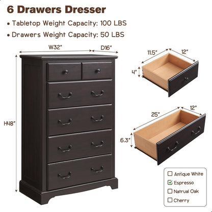 Rustic Espresso Tall 6-Drawer Dresser Chest for Bedroom
