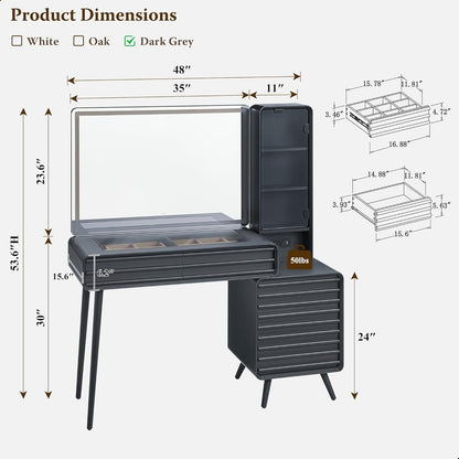 Fluted Makeup Vanity Desk with Lighted Mirror and Charging Station