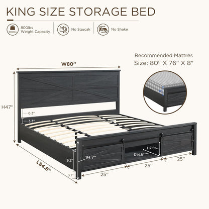 King Size Farmhouse Wood Bed Frame with Barn Door Cabinets