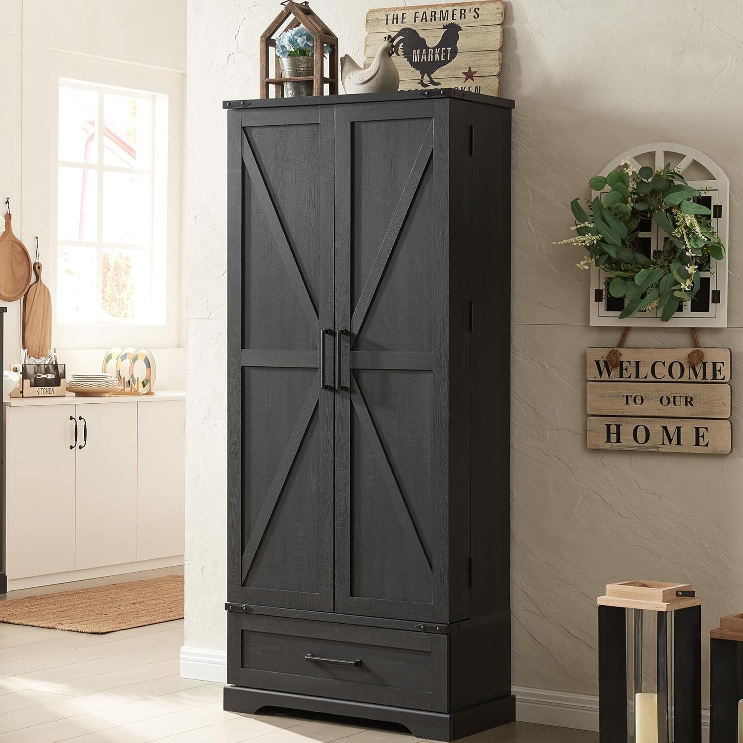 72" Farmhouse Kitchen Pantry Cabinet with Drawer, Barn Door Design