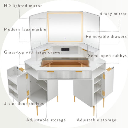 Fluted Corner Vanity Desk with Lighted Mirror and Charging Outlet