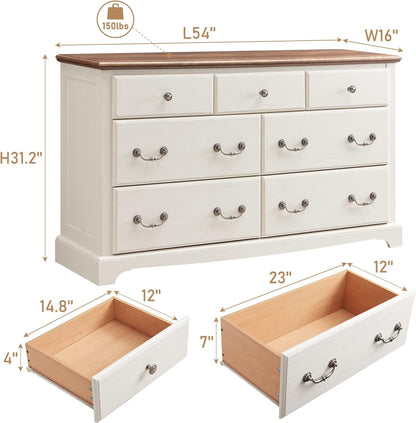 T4TREAM 7 Drawer Rustic Wood Dresser Chest for Bedroom, White