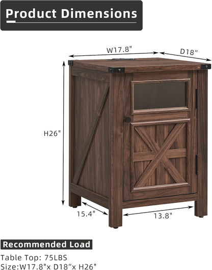 Farmhouse End Table with Charging Station Rustic Barn Door Nightstand