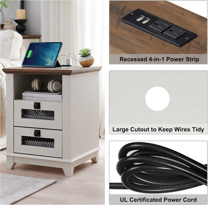 OKD Industrial Nightstand with Charging Station, Rustic Farmhouse End Table