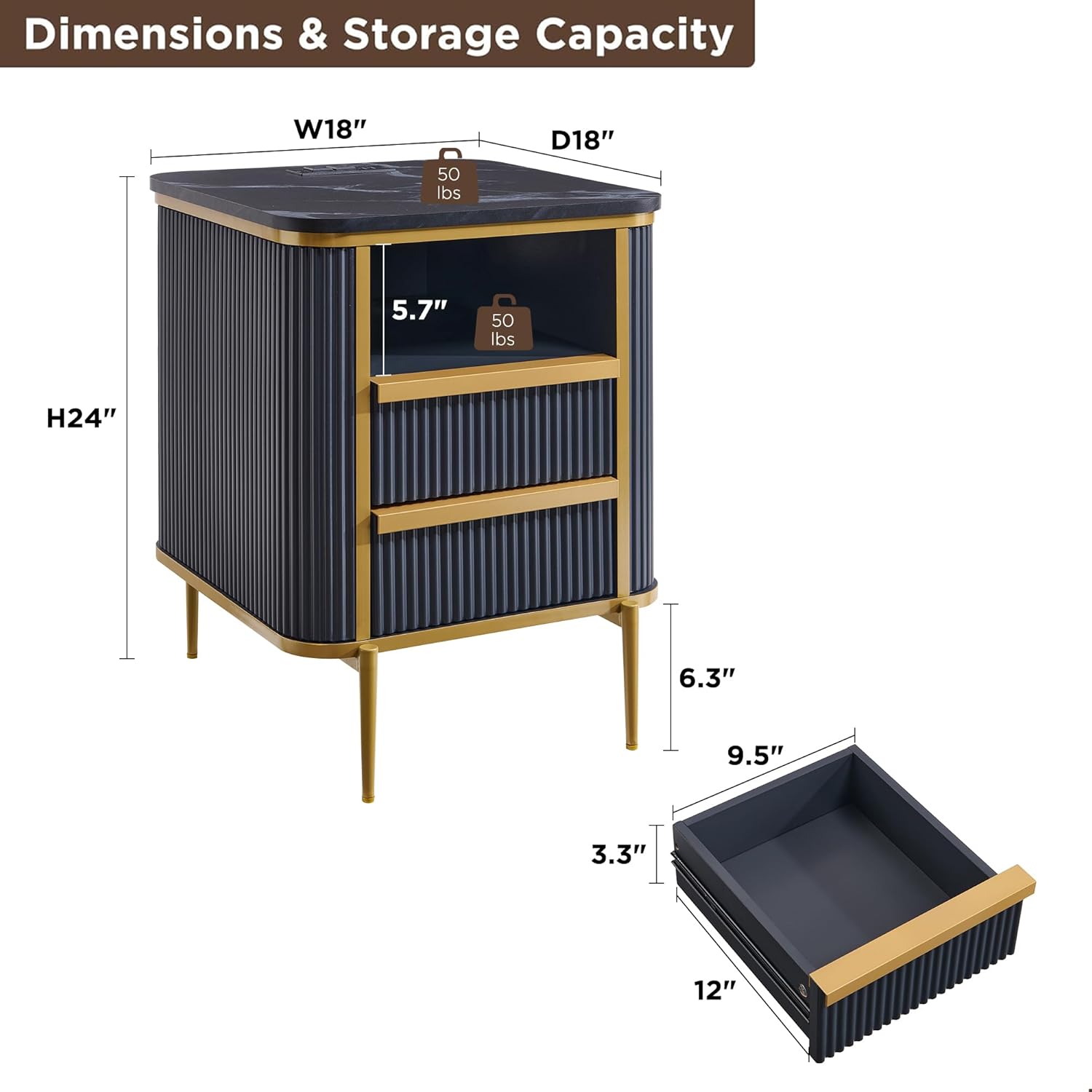 Modern Dark Grey Fluted Nightstand with Charging Station and Drawers