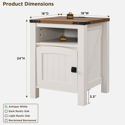 OKD Farmhouse Nightstand with Charging Station Rustic End Table