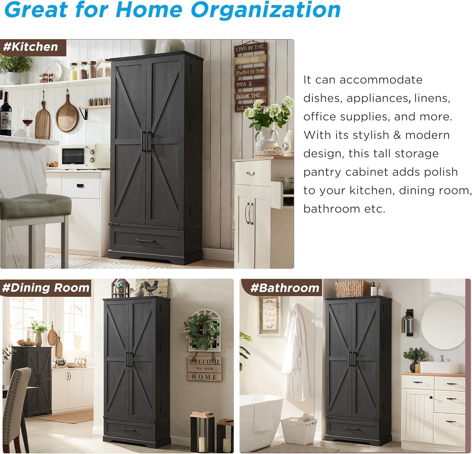 72" Farmhouse Kitchen Pantry Cabinet with Drawer, Barn Door Design