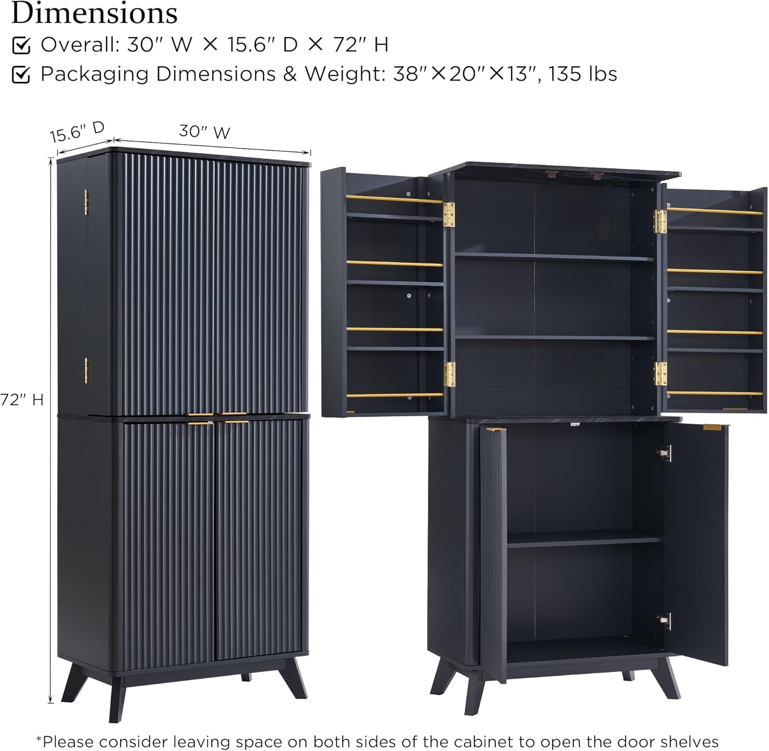 72" Mid-Century Modern Fluted Kitchen Pantry Cabinet, Dark Grey