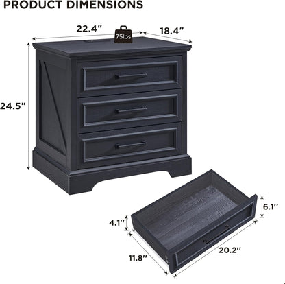 Farmhouse Nightstand with Charging Station Wide End Table Dresser Black