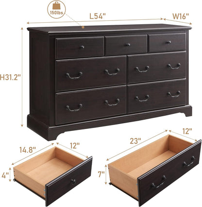 Rustic 7 Drawer Wood Dresser Chest for Bedroom