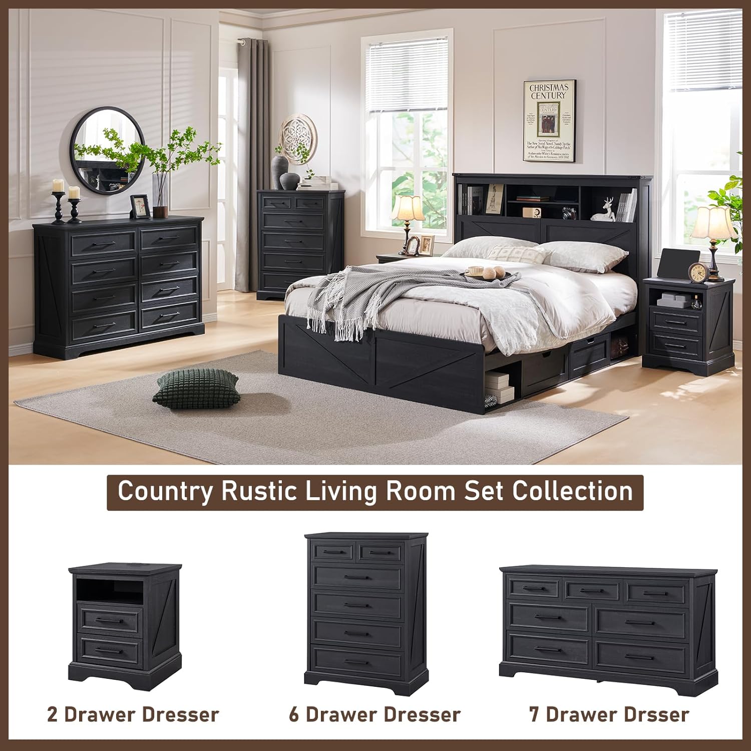 Farmhouse 6-Drawer Black Dresser, Wood Organizer for Bedroom, Living Room