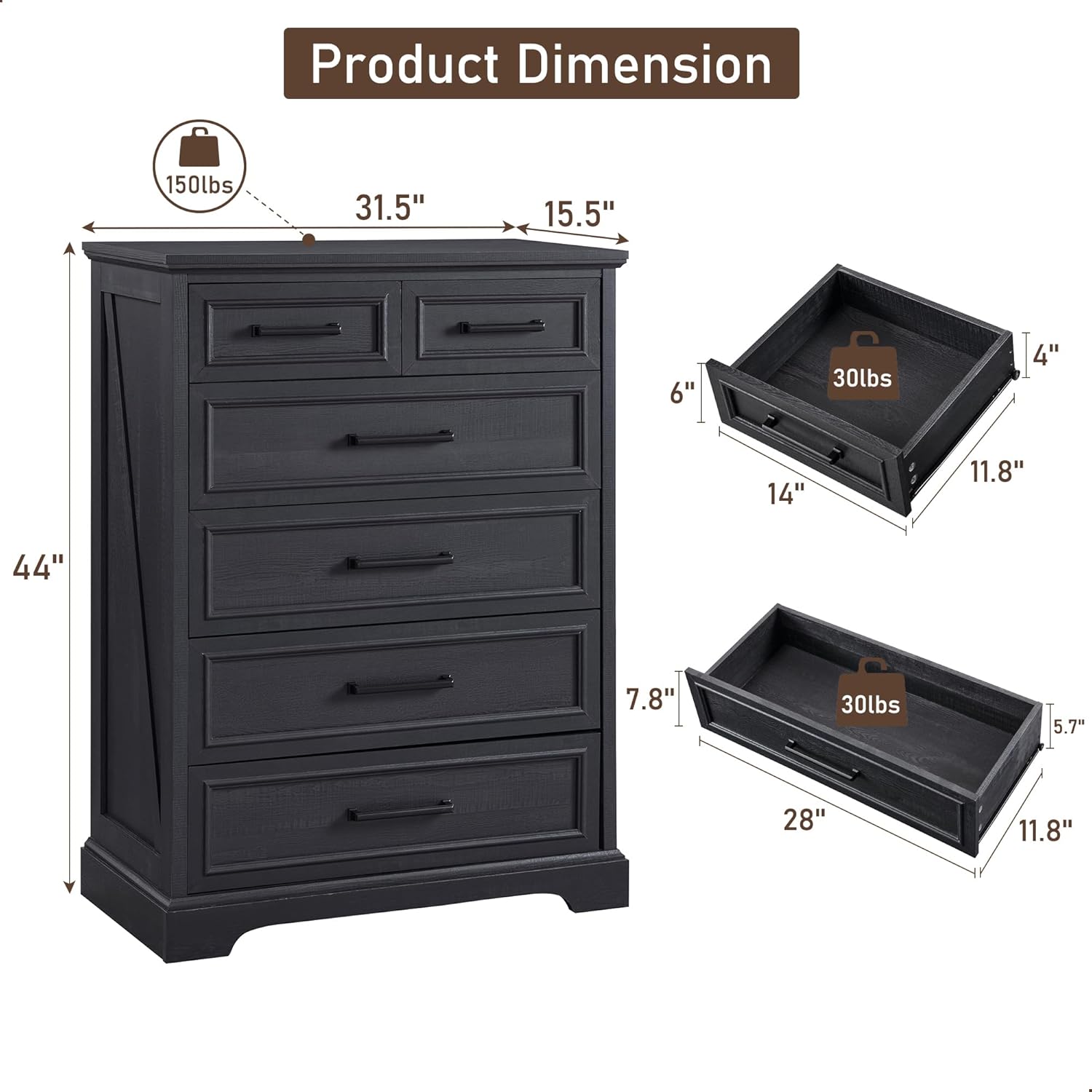 Farmhouse 6-Drawer Black Dresser, Wood Organizer for Bedroom, Living Room