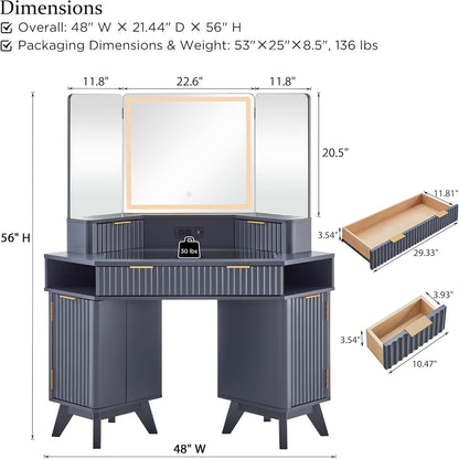 Fluted Makeup Vanity Desk with 3-Way Mirror and Lights