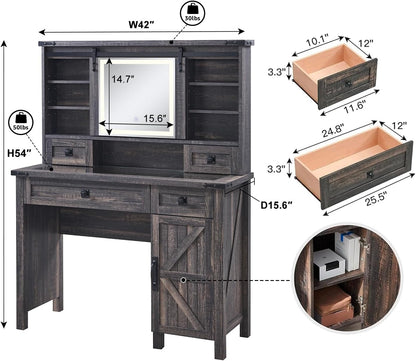 Farmhouse Makeup Vanity Desk with Sliding Mirror and Lights, Rustic Oak
