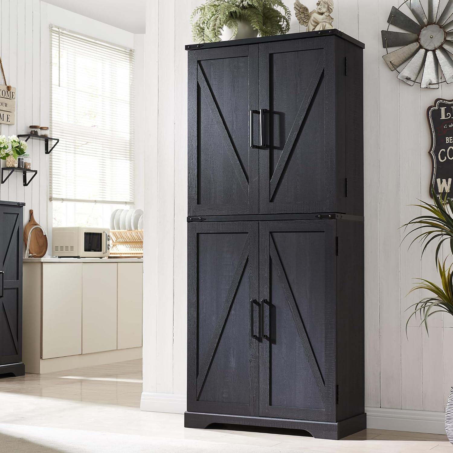 72" Farmhouse Kitchen Pantry Storage Cabinet with Barn Door and Shelves