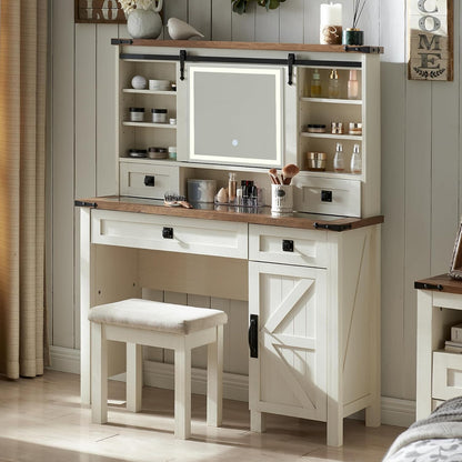 Farmhouse Makeup Vanity Desk with Sliding Mirror and Lights
