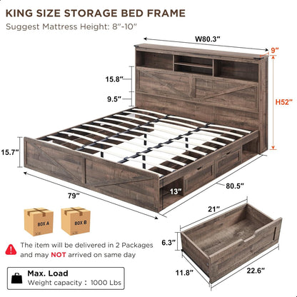 Farmhouse King Bed Frame with Storage Headboard, Drawers & LED