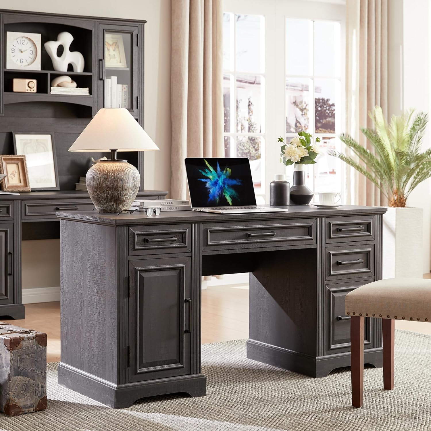 JXQTLINGMU 58 Inch Black Computer Desk with Embossed Texture & Drawers