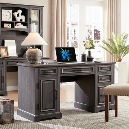 JXQTLINGMU 58 Inch Black Computer Desk with Embossed Texture & Drawers