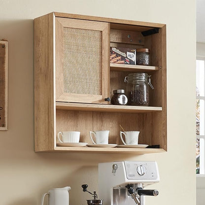 OKD Hand-Woven Rattan Wall Storage Cabinet with Adjustable Shelves