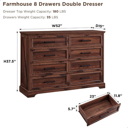 Rustic Farmhouse 8 Drawer Dresser Chest: Wide Wood Organizer
