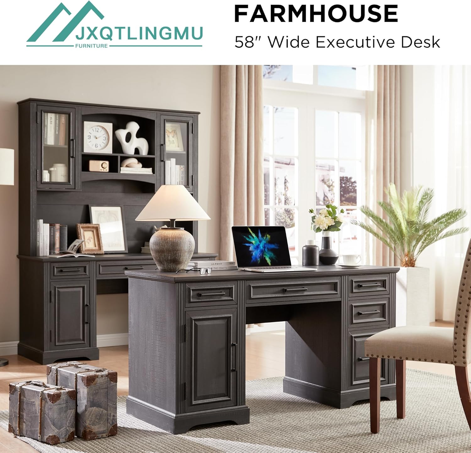 JXQTLINGMU 58 Inch Black Computer Desk with Embossed Texture & Drawers