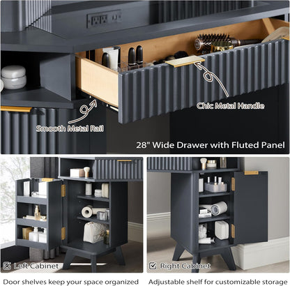 Fluted Makeup Vanity Desk with 3-Way Mirror and Lights