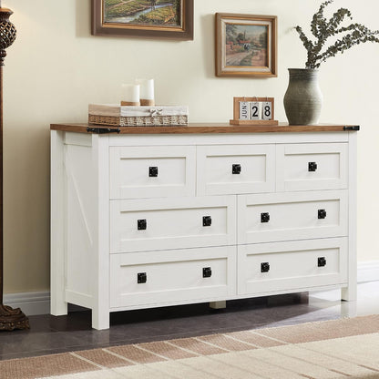 T4TREAM Farmhouse Antique White 7-Drawer Dresser, TV Stand, Organizer