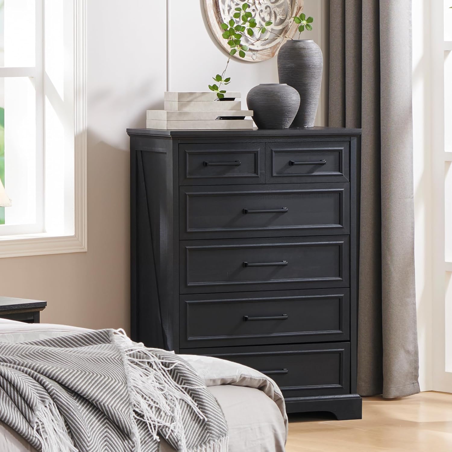 Farmhouse 6-Drawer Black Dresser, Wood Organizer for Bedroom, Living Room