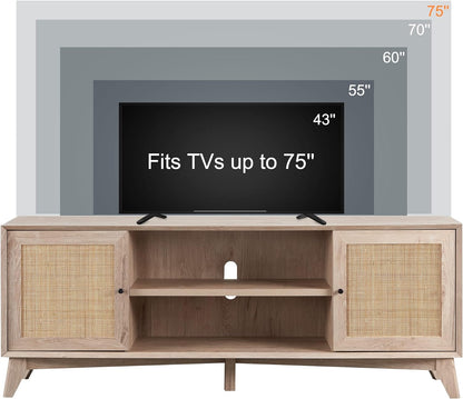 OKD Mid Century Modern TV Stand with Rattan Door for 75+ Inch TV
