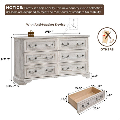 Wide Rustic Farmhouse 6-Drawer Dresser | Distressed White Wood