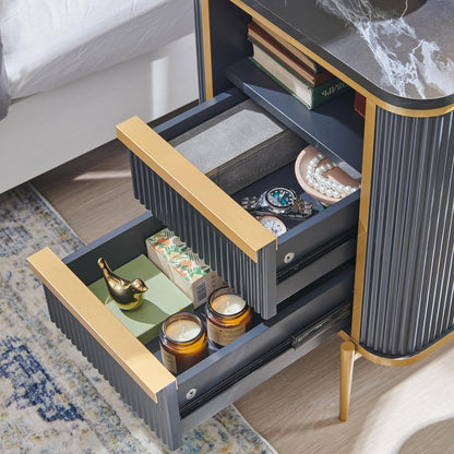 Modern Dark Grey Fluted Nightstand with Charging Station and Drawers