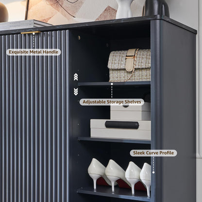 Fluted Shoe Storage Cabinet with Sliding Doors and Adjustable Shelves
