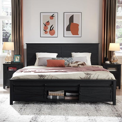 King Size Farmhouse Wood Bed Frame with Barn Door Cabinets