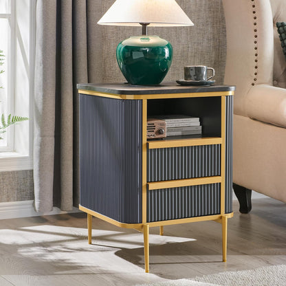 Modern Dark Grey Fluted Nightstand with Charging Station and Drawers