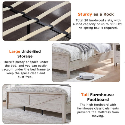 Farmhouse Queen Bed Frame with Storage Headboard, Sliding Barn Door