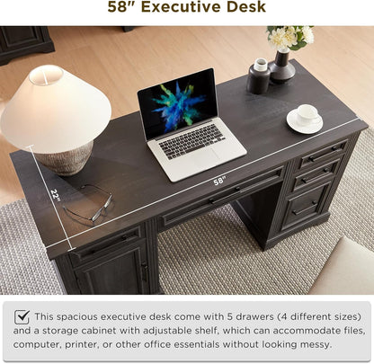 JXQTLINGMU 58 Inch Black Computer Desk with Embossed Texture & Drawers