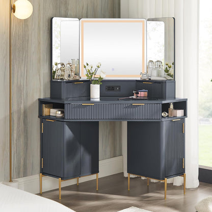 Fluted Corner Vanity Desk 48" with Lighted Mirror and Charging Outlet