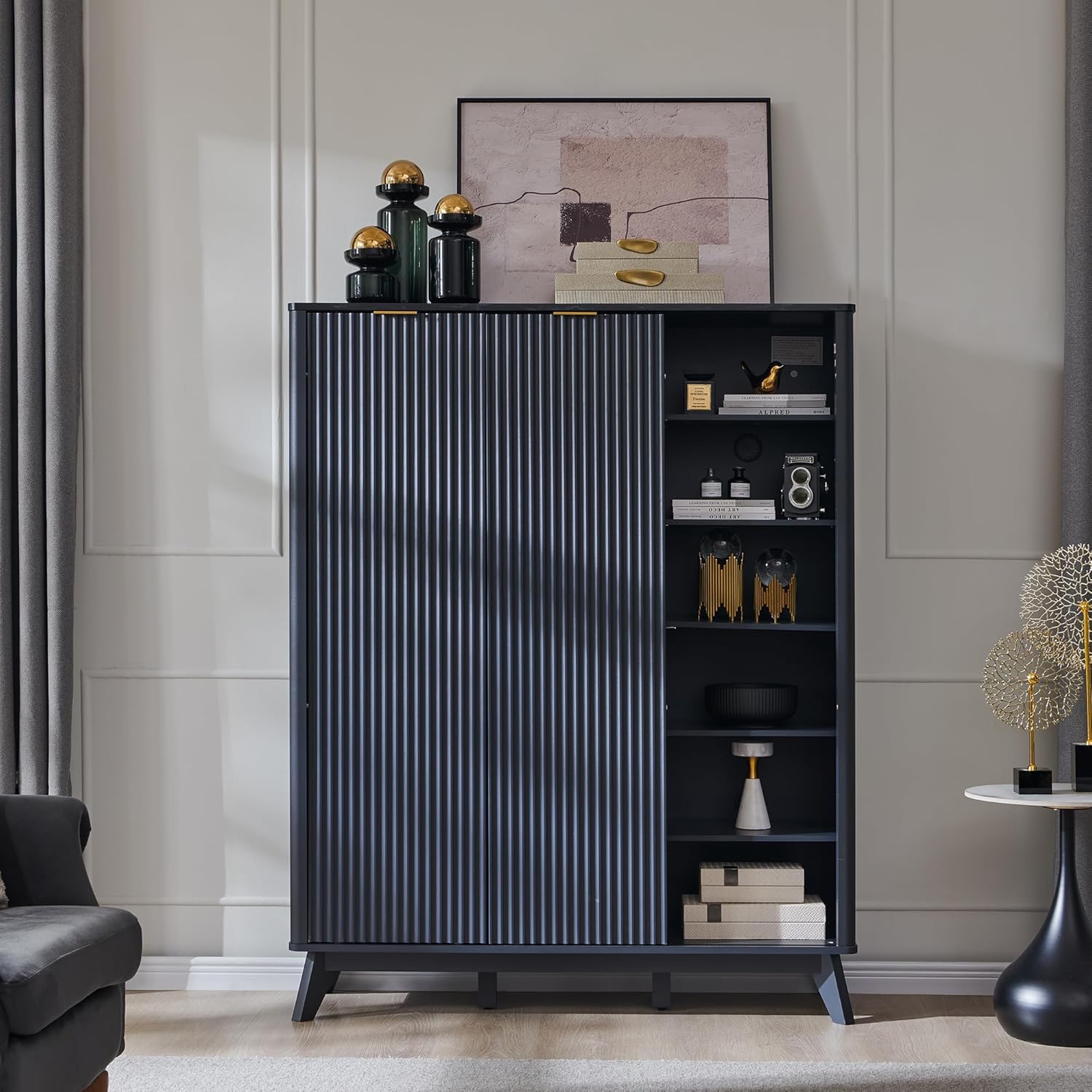 Fluted Shoe Storage Cabinet with Sliding Doors and Adjustable Shelves