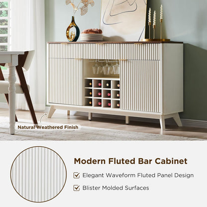 OKD Fluted Wine Bar Cabinet: 60" Modern Coffee Bar, Solid White