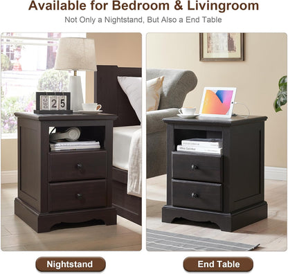 T4TREAM Espresso Nightstand with Charging Station and Two Drawers