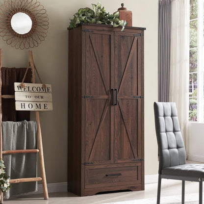 72" Farmhouse Kitchen Pantry Cabinet with Adjustable Shelves and Barn Doors