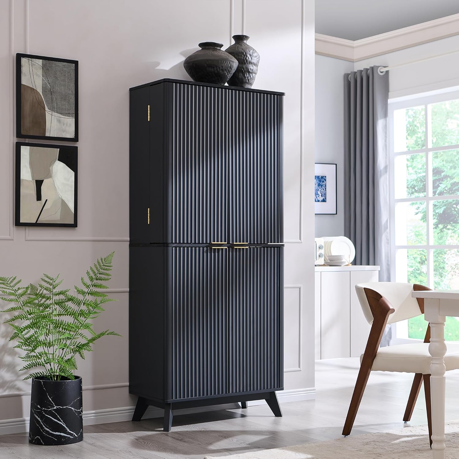 72" Mid-Century Modern Fluted Kitchen Pantry Cabinet, Dark Grey