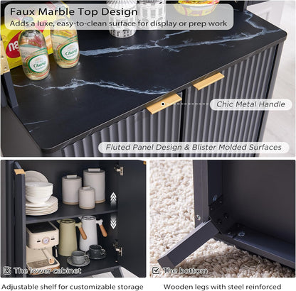 72" Mid-Century Modern Fluted Kitchen Pantry Cabinet, Dark Grey