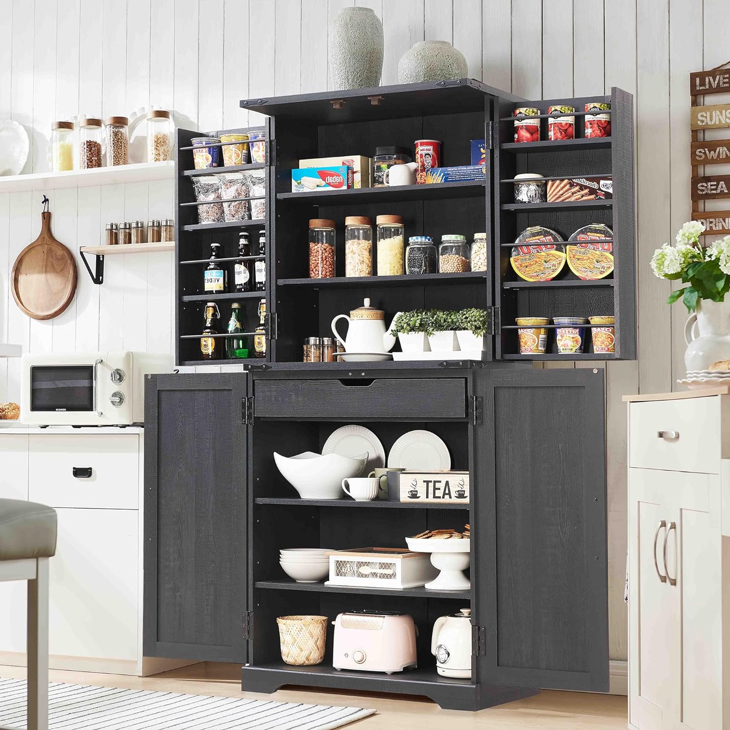 72" Farmhouse Kitchen Pantry Storage Cabinet with Barn Door and Shelves