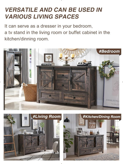Rustic Farmhouse Dresser with Barn Doors, 4 Drawers, Dark Oak